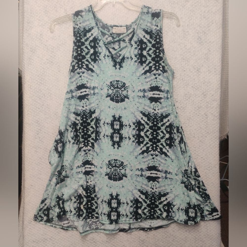 Bobby Brooks Women’s M Turquoise Geometric A-Line Mini Dress Caged Front Hippie